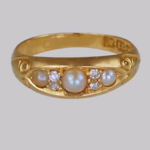 victorian pearl old cut diamond 18ct gold antique boat ring birmingham 1894 - CATEGORY: ANTIQUE JEWELLERY - DATED VICTORIAN