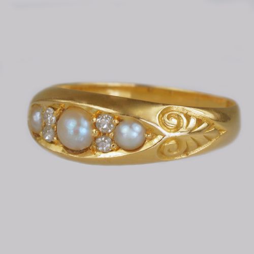 VICTORIAN PEARL OLD CUT DIAMOND 18CT GOLD ANTIQUE BOAT RING BIRMINGHAM 1894 - ADDITIONAL PHOTO 1