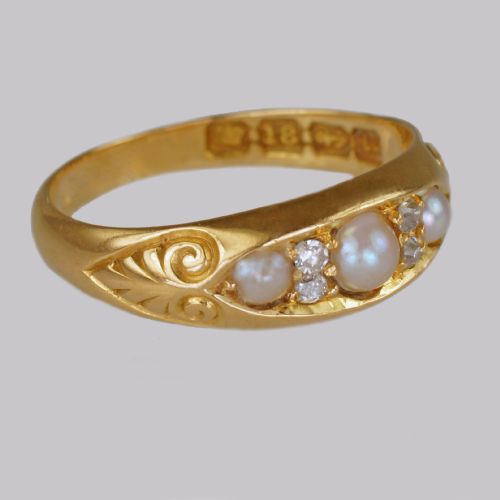 VICTORIAN PEARL OLD CUT DIAMOND 18CT GOLD ANTIQUE BOAT RING BIRMINGHAM 1894 - ADDITIONAL PHOTO 2