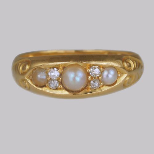 VICTORIAN PEARL OLD CUT DIAMOND 18CT GOLD ANTIQUE BOAT RING BIRMINGHAM 1894 - ADDITIONAL PHOTO 5