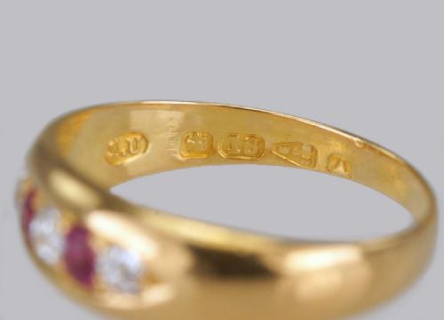 VICTORIAN RUBY OLD CUT DIAMOND GYPSY RING ANTIQUE 18CT GOLD RING HALLMARKED CHESTER 1884 - ADDITIONAL PHOTO 11