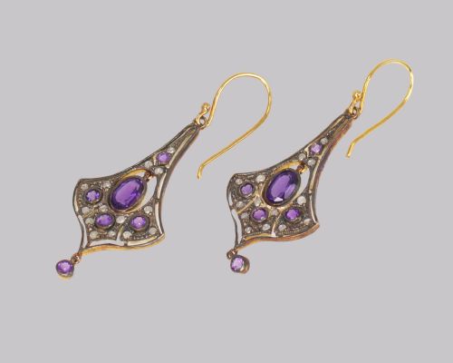 BELLE EPOQUE AMETHYST DIAMOND DANGLE 18CT GOLD EDWARDIAN DROP EARRINGS - ADDITIONAL PHOTO 2