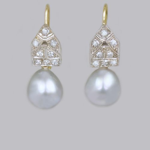 art deco pearl diamond drop earrings 18ct gold plat antique 1920's earrings - CATEGORY: ANTIQUE JEWELLERY - DATED 1920