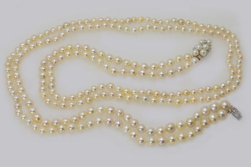 1930S PEARL NECKLACE 36 LONG DIAMOND CLASP VINTAGE DOUBLE STRAND PEARL NECKLACE - ADDITIONAL PHOTO 3