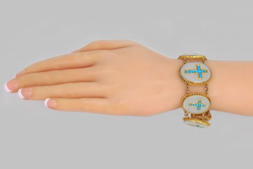 VICTORIAN 18CT GOLD TURQUOISE CHALCEDONY CRUCIFIX BRACELET ANTIQUE CROSS BRACELET CIRCA 1880 - ADDITIONAL PHOTO 1