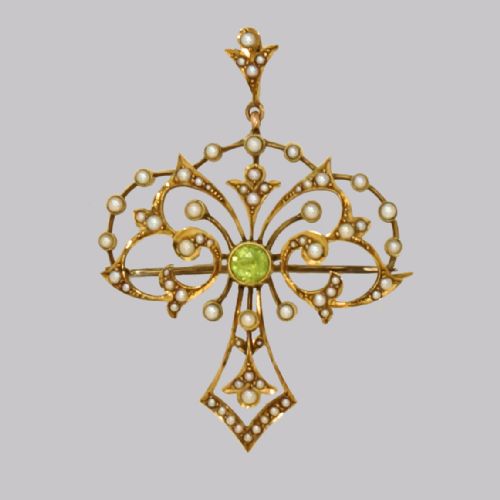 edwardian 15ct gold peridot pearl pendant antique art nouveau brooch circa 1910 - CATEGORY: ANTIQUE JEWELLERY - DATED EDWARDIAN