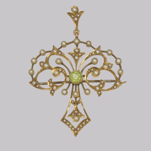EDWARDIAN 15CT GOLD PERIDOT PEARL PENDANT ANTIQUE ART NOUVEAU BROOCH CIRCA 1910 - ADDITIONAL PHOTO 2