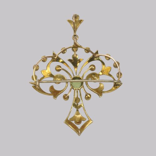 EDWARDIAN 15CT GOLD PERIDOT PEARL PENDANT ANTIQUE ART NOUVEAU BROOCH CIRCA 1910 - ADDITIONAL PHOTO 3