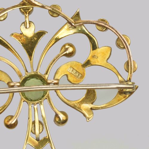 EDWARDIAN 15CT GOLD PERIDOT PEARL PENDANT ANTIQUE ART NOUVEAU BROOCH CIRCA 1910 - ADDITIONAL PHOTO 4