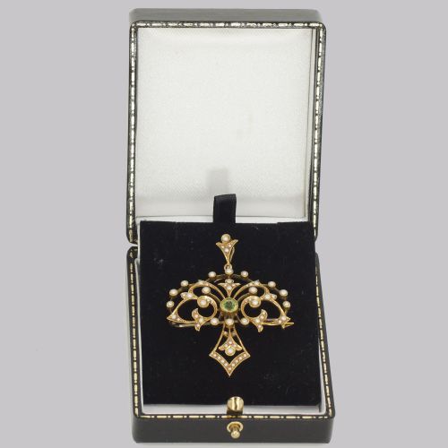 EDWARDIAN 15CT GOLD PERIDOT PEARL PENDANT ANTIQUE ART NOUVEAU BROOCH CIRCA 1910 - ADDITIONAL PHOTO 7