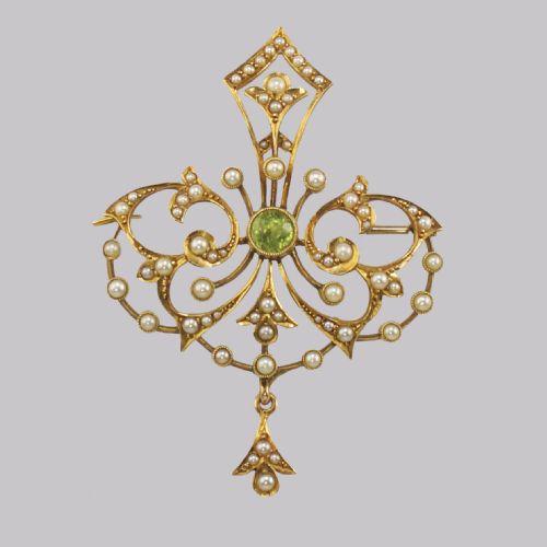 EDWARDIAN 15CT GOLD PERIDOT PEARL PENDANT ANTIQUE ART NOUVEAU BROOCH CIRCA 1910 - ADDITIONAL PHOTO 1