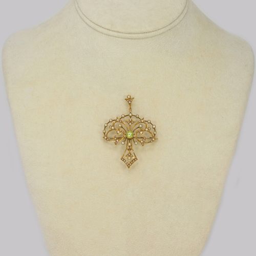 EDWARDIAN 15CT GOLD PERIDOT PEARL PENDANT ANTIQUE ART NOUVEAU BROOCH CIRCA 1910 - ADDITIONAL PHOTO 11