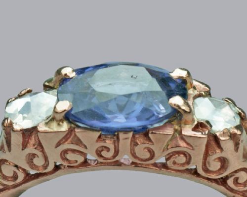 VICTORIAN 2CT SAPPHIRE ROSE CUT DIAMOND 15CT GOLD ANTIQUE TRILOGY RING CIRCA 1890 - ADDITIONAL PHOTO 13