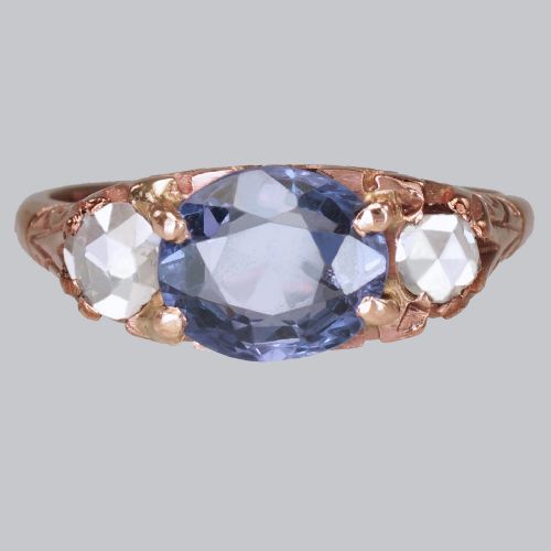 victorian 2ct sapphire rose cut diamond 15ct gold antique trilogy ring circa 1890 - CATEGORY: ANTIQUE JEWELLERY - DATED VICTORIAN
