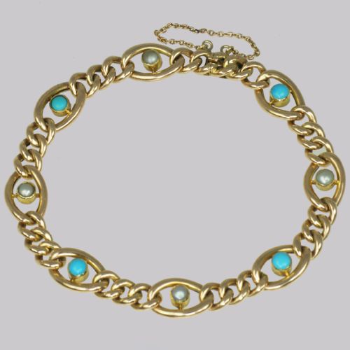 antique 15ct gold turquoise pearl curb link bracelet victorian bracelet circa 1880 - CATEGORY: ANTIQUE JEWELLERY - DATED VICTORIAN
