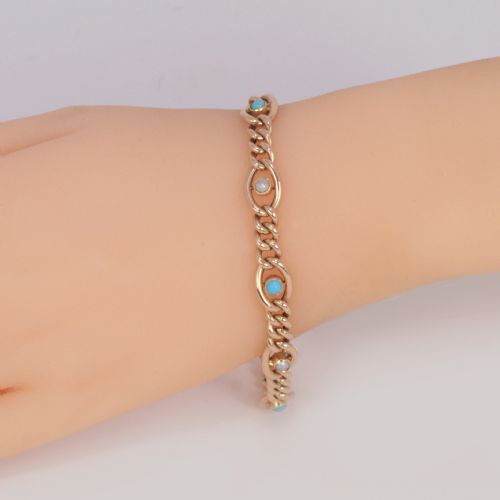 ANTIQUE 15CT GOLD TURQUOISE PEARL CURB LINK BRACELET VICTORIAN BRACELET CIRCA 1880 - ADDITIONAL PHOTO 1