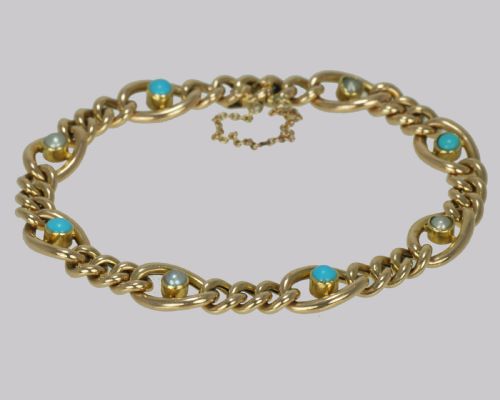 ANTIQUE 15CT GOLD TURQUOISE PEARL CURB LINK BRACELET VICTORIAN BRACELET CIRCA 1880 - ADDITIONAL PHOTO 3