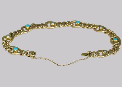 ANTIQUE 15CT GOLD TURQUOISE PEARL CURB LINK BRACELET VICTORIAN BRACELET CIRCA 1880 - ADDITIONAL PHOTO 4