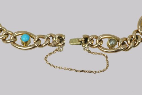 ANTIQUE 15CT GOLD TURQUOISE PEARL CURB LINK BRACELET VICTORIAN BRACELET CIRCA 1880 - ADDITIONAL PHOTO 5