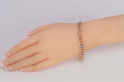 ANTIQUE 15CT GOLD TURQUOISE PEARL CURB LINK BRACELET VICTORIAN BRACELET CIRCA 1880 - ADDITIONAL PHOTO 8