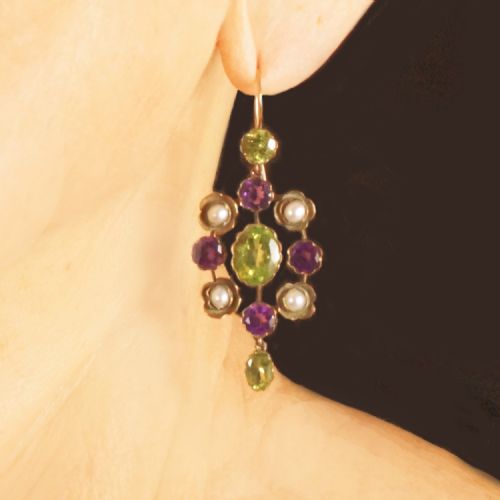 SUFFRAGETTE EARRINGS AMETHYST PERIDOT PEARL 15CT GOLD EDWARDIAN DANGLE EARRINGS - ADDITIONAL PHOTO 1