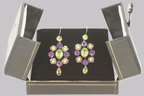 SUFFRAGETTE EARRINGS AMETHYST PERIDOT PEARL 15CT GOLD EDWARDIAN DANGLE EARRINGS - ADDITIONAL PHOTO 2