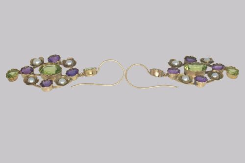 SUFFRAGETTE EARRINGS AMETHYST PERIDOT PEARL 15CT GOLD EDWARDIAN DANGLE EARRINGS - ADDITIONAL PHOTO 3