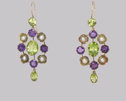 SUFFRAGETTE EARRINGS AMETHYST PERIDOT PEARL 15CT GOLD EDWARDIAN DANGLE EARRINGS - ADDITIONAL PHOTO 5