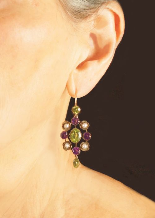 SUFFRAGETTE EARRINGS AMETHYST PERIDOT PEARL 15CT GOLD EDWARDIAN DANGLE EARRINGS - ADDITIONAL PHOTO 6
