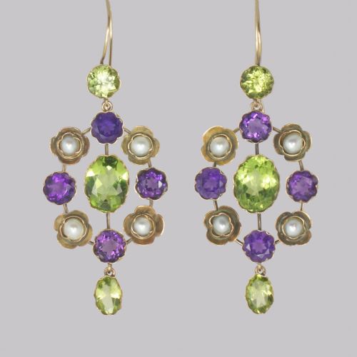 suffragette earrings amethyst peridot pearl 15ct gold edwardian dangle earrings - CATEGORY: ANTIQUE JEWELLERY - DATED EDWARDIAN
