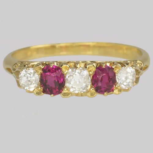 victorian old mine cut diamond ruby ring 18ct gold five stone antique ring - CATEGORY: ANTIQUE JEWELLERY - DATED VICTORIAN