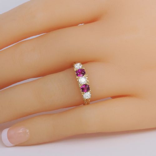 VICTORIAN OLD MINE CUT DIAMOND RUBY RING 18CT GOLD FIVE STONE ANTIQUE RING - ADDITIONAL PHOTO 1