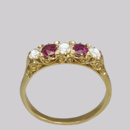 VICTORIAN OLD MINE CUT DIAMOND RUBY RING 18CT GOLD FIVE STONE ANTIQUE RING - ADDITIONAL PHOTO 2