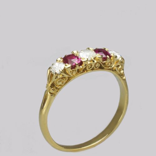 VICTORIAN OLD MINE CUT DIAMOND RUBY RING 18CT GOLD FIVE STONE ANTIQUE RING - ADDITIONAL PHOTO 3