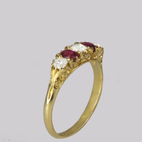 VICTORIAN OLD MINE CUT DIAMOND RUBY RING 18CT GOLD FIVE STONE ANTIQUE RING - ADDITIONAL PHOTO 4