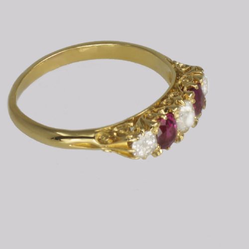 VICTORIAN OLD MINE CUT DIAMOND RUBY RING 18CT GOLD FIVE STONE ANTIQUE RING - ADDITIONAL PHOTO 5