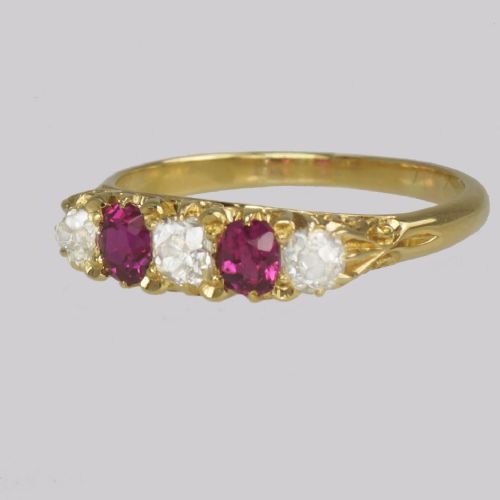 VICTORIAN OLD MINE CUT DIAMOND RUBY RING 18CT GOLD FIVE STONE ANTIQUE RING - ADDITIONAL PHOTO 6