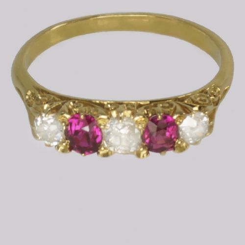 VICTORIAN OLD MINE CUT DIAMOND RUBY RING 18CT GOLD FIVE STONE ANTIQUE RING - ADDITIONAL PHOTO 7
