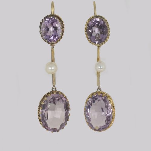 victorian amethyst pearl dangle earrings 18ct gold antique 2 drop earrings - CATEGORY: ANTIQUE JEWELLERY - DATED VICTORIAN