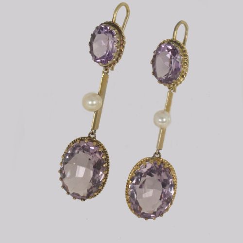 VICTORIAN AMETHYST PEARL DANGLE EARRINGS 18CT GOLD ANTIQUE 2 DROP EARRINGS - ADDITIONAL PHOTO 2