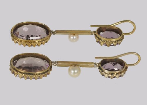 VICTORIAN AMETHYST PEARL DANGLE EARRINGS 18CT GOLD ANTIQUE 2 DROP EARRINGS - ADDITIONAL PHOTO 4