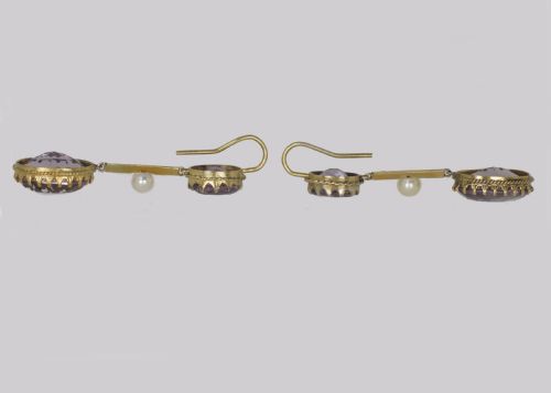 VICTORIAN AMETHYST PEARL DANGLE EARRINGS 18CT GOLD ANTIQUE 2 DROP EARRINGS - ADDITIONAL PHOTO 5