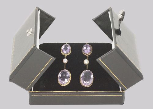 VICTORIAN AMETHYST PEARL DANGLE EARRINGS 18CT GOLD ANTIQUE 2 DROP EARRINGS - ADDITIONAL PHOTO 6