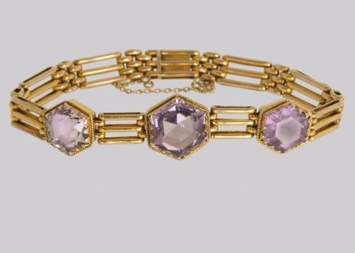 VICTORIAN AMETHYST GATE LINK BRACELET 9CT GOLD ANTIQUE THREE BAR BRACELET CIRCA 1900 - ADDITIONAL PHOTO 1