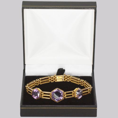 VICTORIAN AMETHYST GATE LINK BRACELET 9CT GOLD ANTIQUE THREE BAR BRACELET CIRCA 1900 - ADDITIONAL PHOTO 6