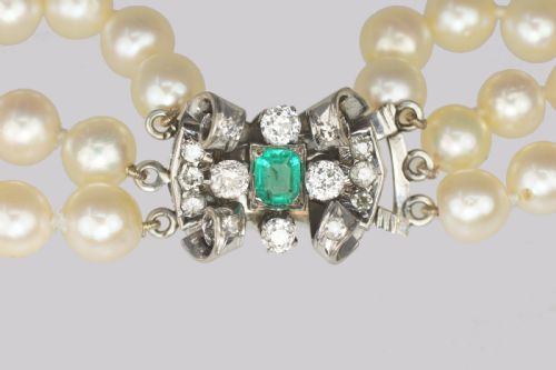 fig 2. Vintage Pearl Necklace with 1.00ct Diamond Emerald Clasp 3 Strand 1940's Pearl Choker