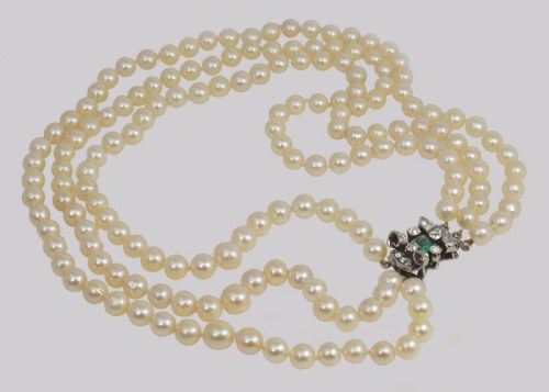 fig 3. Vintage Pearl Necklace with 1.00ct Diamond Emerald Clasp 3 Strand 1940's Pearl Choker