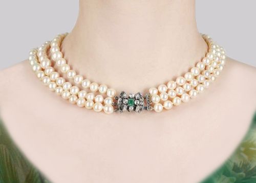 fig 5. Vintage Pearl Necklace with 1.00ct Diamond Emerald Clasp 3 Strand 1940's Pearl Choker