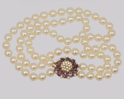 fig 1. Vintage Pearl Necklace with Amethyst Clasp Two Strand 1960's Pearl Choker
