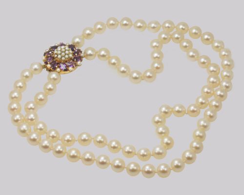 fig 2. Vintage Pearl Necklace with Amethyst Clasp Two Strand 1960's Pearl Choker